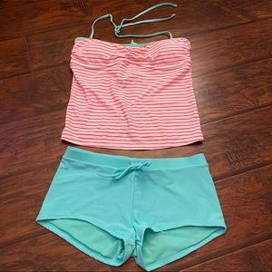 SO Women’s Tankini Bathing Suit Neon Pink & White W/Teal Shorts Large